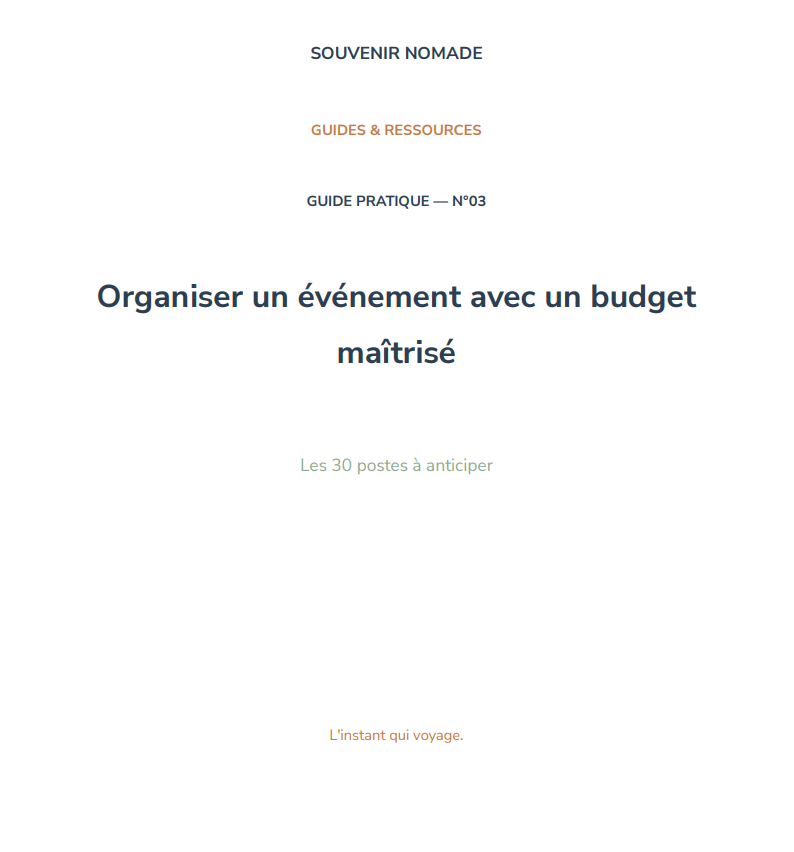 Capture decran 2026 08 27 143013 Souvenir Nomade Guide N°3 — Organiser un événement avec un budget maîtrisé — Les 30 postes à anticiper